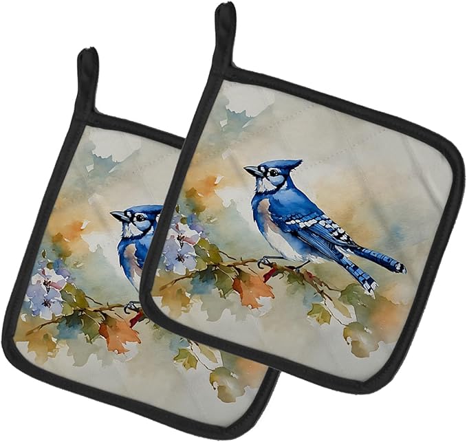 Caroline's Treasures Blue Jay Pair of Pot Holders Kitchen Heat Resistant Pot Holders Sets Oven Hot Pads for Cooking Baking BBQ, 7 1/2 x 7 1/2