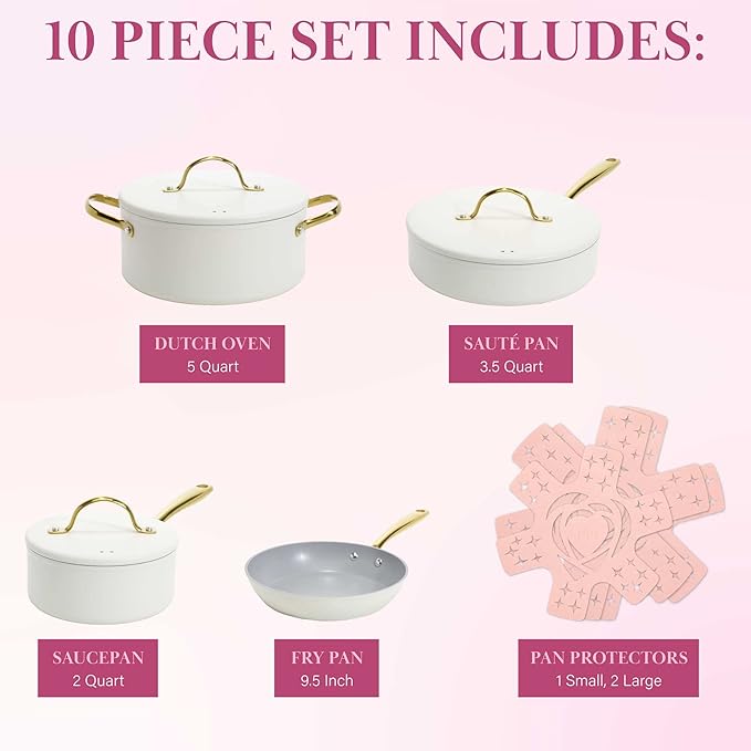 Paris Hilton Iconic Nonstick Pots and Pans Set, Multi-layer Nonstick Coating, Matching Lids With Gold Handles, Made without PFOA, Dishwasher Safe Cookware Set, 10-Piece, Cream