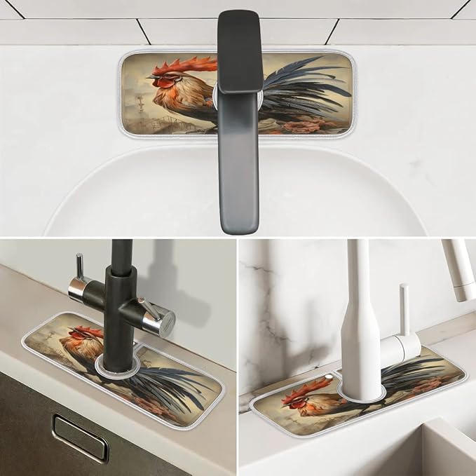 Farmhouse Rooster Kitchen Sink Splash Guard Absorbent Fast Drying Mat Sink Gadgets Washable Sink Matt for Kitchen Faucet Splash Guard