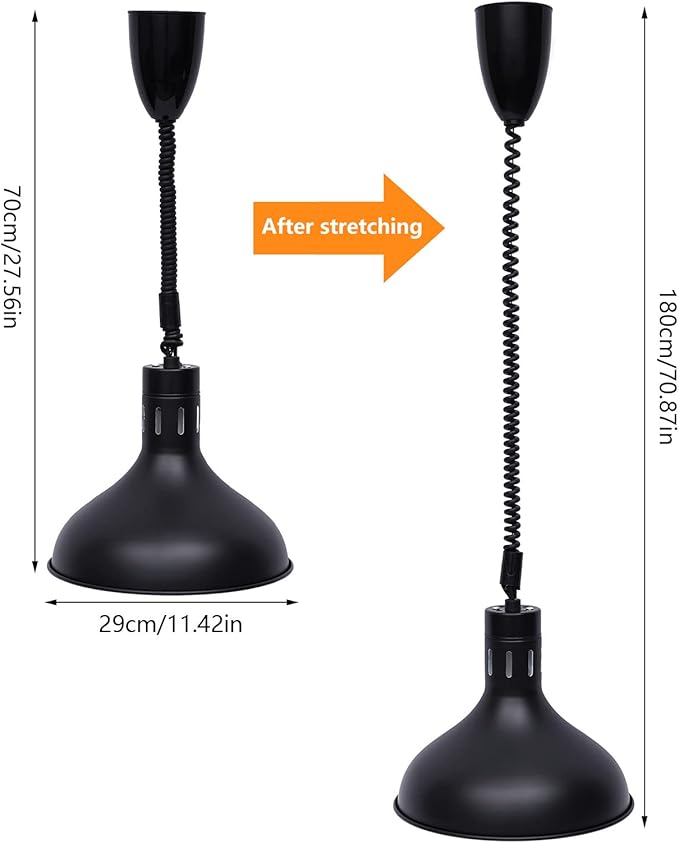 250W Commercial Hanging Food Heat Lamp, 110V Ceiling Mounted Infrared Food Warmer Light, 122℉ Retractable Warming Lamp for Restaurant Buffet Kitchen Cafeteria Hotel and Home Use(Black)