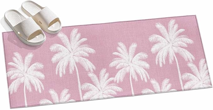 Runner Rug for Bedroom Hallway, Boho Pink Palm Trees Vintage Kitchen Runner Rugs Area Rug 2x6ft, Summer Tropical Leaves Washable Soft Floor Carpet for Entryway Stair