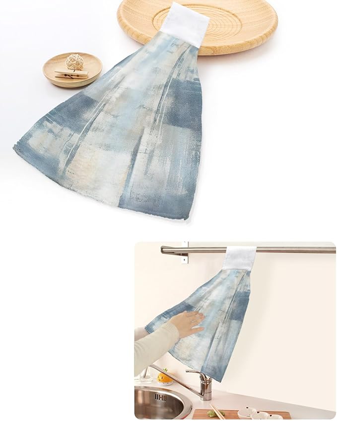 Alandar Home Kitchen Tie Towel Set of 2, Blue Gradient Oil Painting Abstract Style Absorbent Soft Hand Towels for Bathroom Hanging Towels, Minimalist Art Fast Drying Cleaning Cloth with Loop