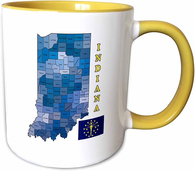 3dRose Flag and county map the state of Indiana. Counties labeled, colored 11oz Two-Tone Yellow Mug
