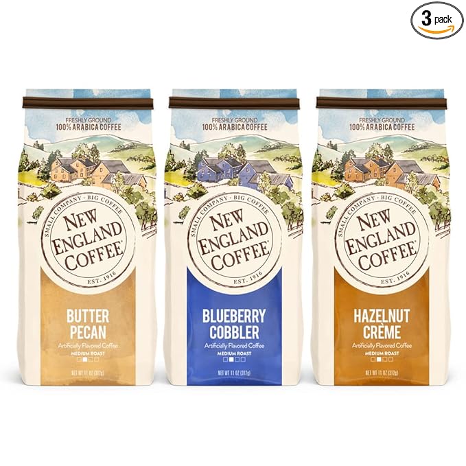 New England Coffee Variety Pack - Butter Pecan/Blueberry Cobbler/Hazelnut Creme, 11oz Bag (Pack of 3)