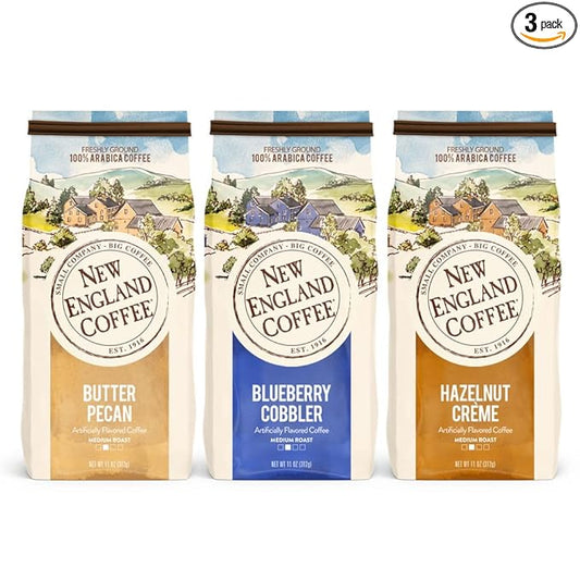 New England Coffee Variety Pack - Butter Pecan/Blueberry Cobbler/Hazelnut Creme, 11oz Bag (Pack of 3)