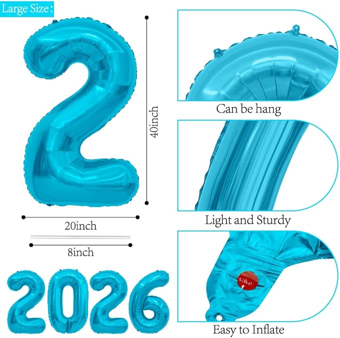 2026 Balloons, 40 Inch 2026 Number Balloons Blue 2026 Balloon Large Foil New Year Balloon Numbers 2026 Mylar Baloons for Birthday Christmas Graduation New Years Eve Party Supplies Decorations