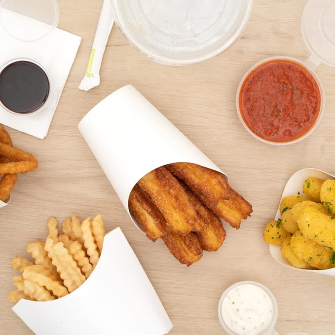 Restaurantware Bio Tek 12 Ounce French Fry Containers 100 Disposable Charcuterie Cups - Incline Design Round White Paper French Fry Cups Stackable For Waffles Chips or Popcorn