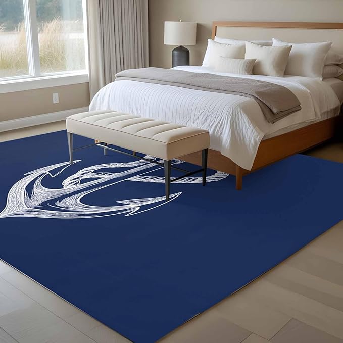Area Rug 6x9ft, Marine Theme Anchor String Sketch Washable Rugs for Living Room Bedroom, Watercolor Nautical Theme Soft Non-Slip Area Rugs Rectangle Floor Carpet for Dining Room