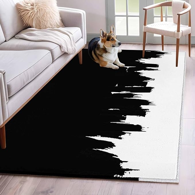 Area Rug 4x6ft, Abstract Black Graffiti Texture Washable Rugs for Living Room Bedroom, Modern Minimalist Art Soft Non-Slip Area Rugs Rectangle Floor Carpet for Dining Room
