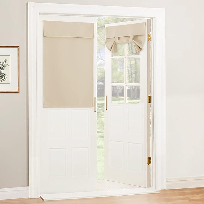 RYB HOME Blackout French Door Curtain - Privacy Thermal Insulated Window Shades for Patio Kitchen Front Entry Back Door Glass Window, Self Adhesive No Drill, 1 Panel, 30" W x 40" L, Biscotti Beige
