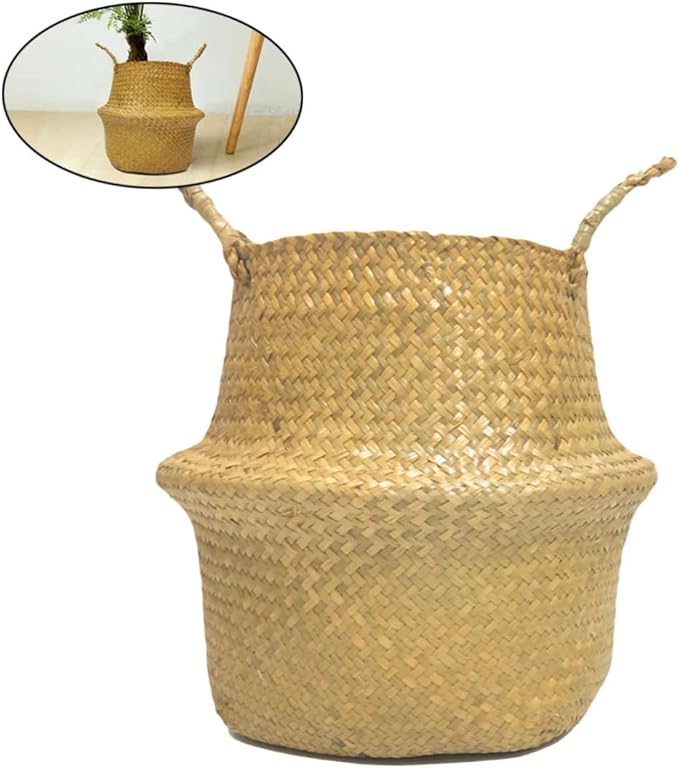 Handmade Foldable Seaweed Storage Basket Woven Decorative Basket for Organizing Clothes Toys and Plants Small Yellow
