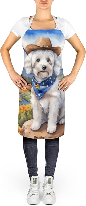 Caroline's Treasures Coton de Tulear Cowboy Welcome Apron Cooking Kitchen Server Baking Crafts Gardening for Adult Women Men, Unisex, Large, Multicolor