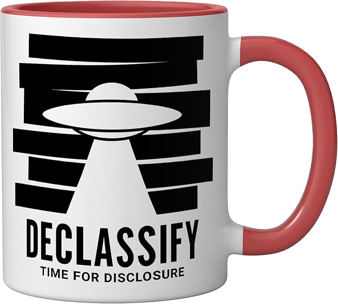 UFO Declassify Disclosure Government Secrets Flying Saucer Ceramic Mug, Red/White