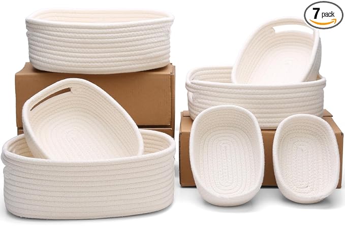 7 Piece Cotton Rope Woven Basket Set - Small Basket for Baby Nursery, Pets, Montessori, Dog & Cat Toy Boxes, Bathroom Organization Bins (White)