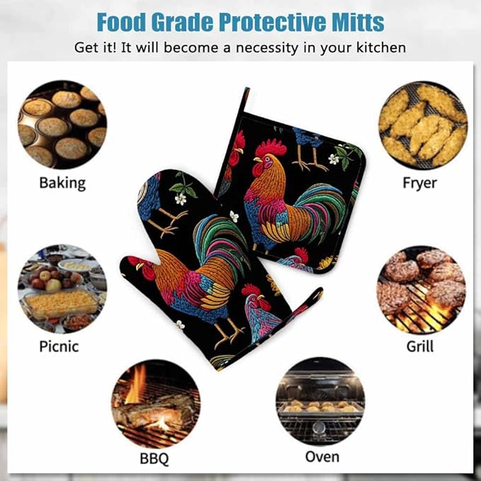 Mxocom Rooster Heat-Resistant Oven Mitts and Pot Holder Beautiful Classical Embroidery Chicken Rooster and Sunflowers Kitchen Non-Slip Cooking Microwave Gloves for Cooking Baking Grilling