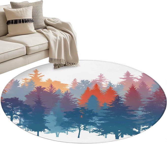 Washable Round Area Rug Abstract Trees Forest Silhouette Circle Rugs Floor Carpet for Living Room Bedroom, Natural Scene Plants Soft Non Slip Round Rug 3ft