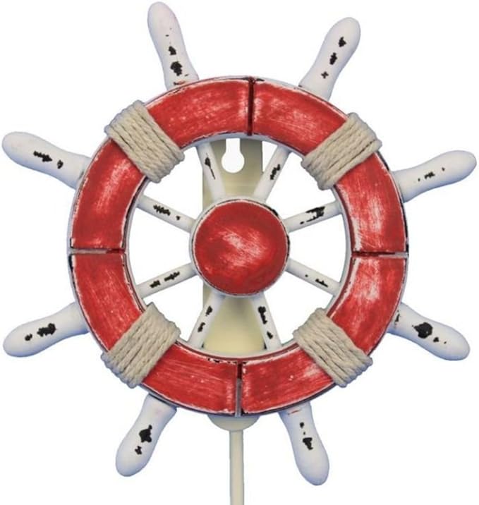 Hampton Nautical Wheel-6-110 Rustic Decorative Ship Wheel with Hook, 6", Red/White