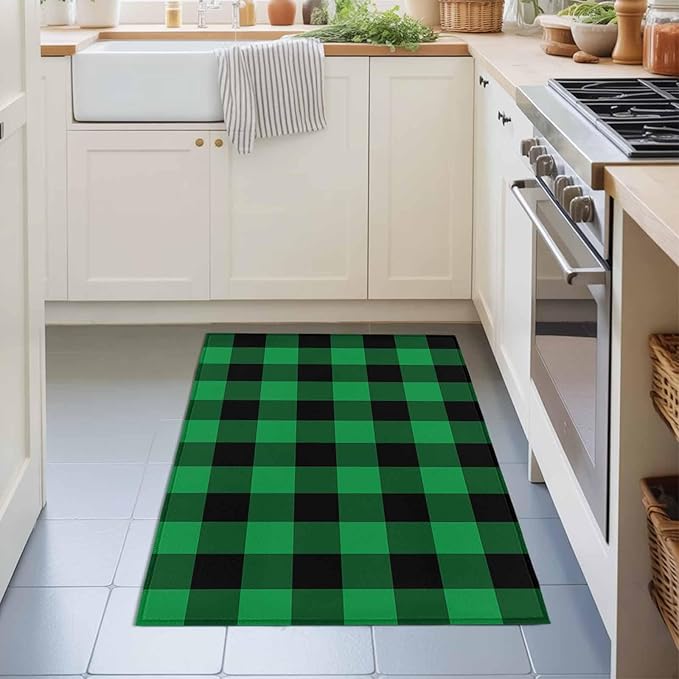 Area Rug 2x3ft, St. Patrick's Day Lucky Green Black Plaid Washable Rugs for Living Room Bedroom, Buffalo Lattice Soft Non-Slip Area Rugs Rectangle Floor Carpet for Dining Room