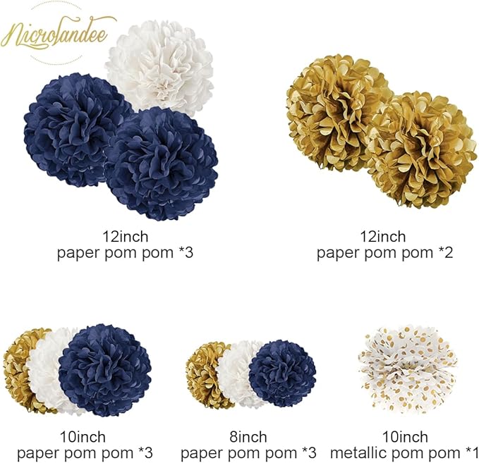NICROLANDEE Wedding Party Decorations - 12 PCS Navy Blue and Gold Tissue Paper Pom Poms for Colleage Graduation, Baby&Bridal Shower, Birthday, Bachelorette Party, Engagement Party, Anniversary Party