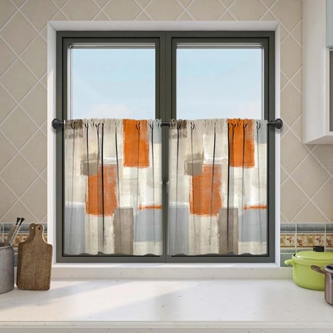 MCALK Beige Kitchen Curtains Tiers Set 2 Piece for Windows Orange Kitchen Window Curtains Set,Modern Abstract Art Valances for Living Room(24" Tiers Set)
