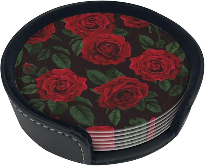 Red Roses Leather Drinks Coasters with Holder, Set of 6, Suitable for Various Cups