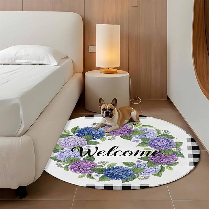 Washable Round Area Rug Summer Hydrangea Leaf Circle Rugs Floor Carpet for Living Room Bedroom, Purple Blue Flower Buffalo Check Soft Non Slip Round Rug 4ft