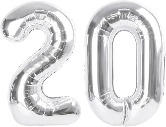 20 Number Balloons, Silver Big Number Balloons for Women Men, 40 Inch Digital Balloon for Happy Birthday Frozen Decoration Supplies Anniversaries