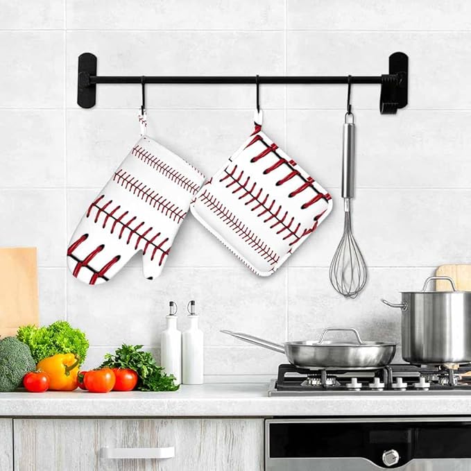 Mxocom Softball Oven Mitts and Pot Holders Sets Baseball Red Lace Over White Background Silicone Heat Resistant Kitchen Oven Gloves Pot Holder for Cooking