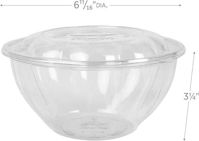 ECO PRODUCTS Compostable Clear PLA Plastic 32oz Salad Bowl With Lid, Case of 150, Grab 'n' Go Round Cold Takeout Food Containers, Renewable Plant-Based, Disposable, ASTM Compliant, BPI-Certified
