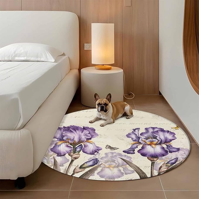 Washable Round Area Rug Pastoral Purple Flower Watercolor Circle Rugs Floor Carpet for Living Room Bedroom, Country Botanical Butterflies Soft Non Slip Round Rug 5ft