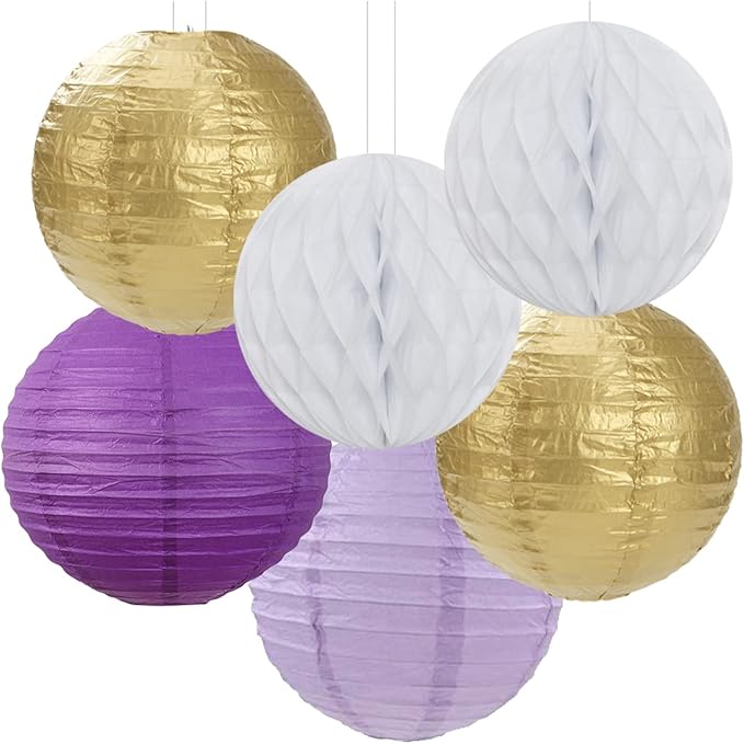 Purple-Gold Party Decorations Streamers Lanterns - 14pcs White Lavender Paper Fan Graduation Woman Birthday Wedding Bridal Shower Tissue Pom Poms,Honeycomb Balls Valentines day Decor Ouruola