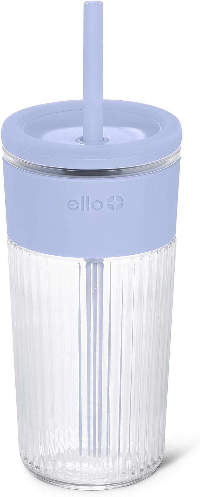 Ello Ava 18oz Glass Tumbler with Straw and Lid | Premium Ribbed Glass with Silicone Grip, Car Cup Friendly, Dishwasher Safe, BPA Free | Iced Coffee, Water, Matcha, Juice Cup | Blueberry