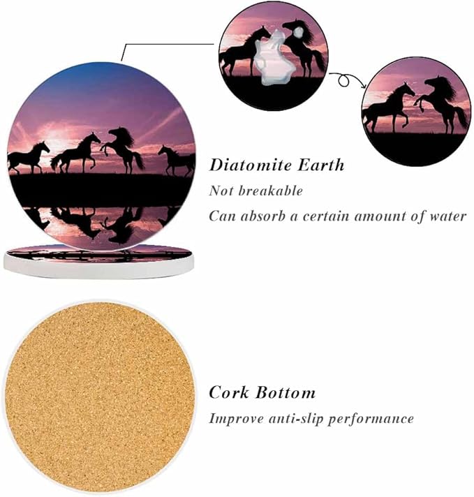 Horses Sunset Coasters for Drinks Horses with Water Reflection Absorbent Ceramic Drink Coaster for Coffee Wooden Table Home Decor Set of 2