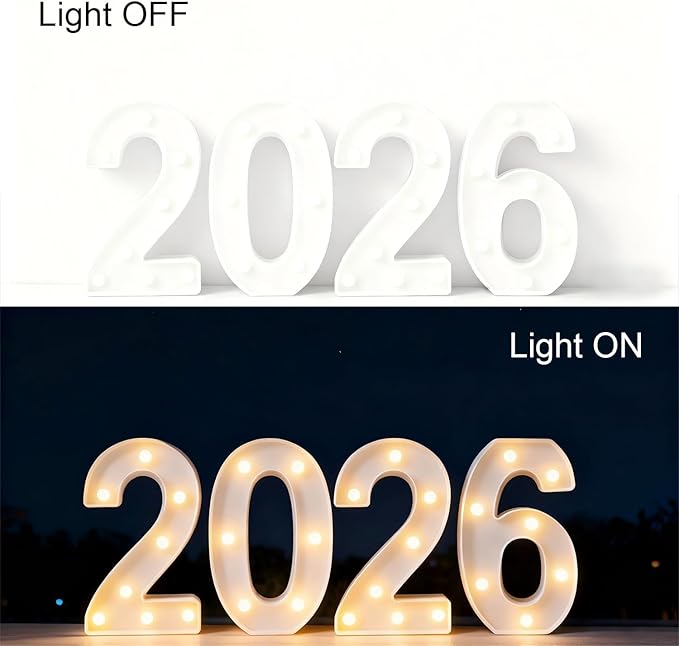 LED Marquee Number 2026 Sign - Light Up 2026 Numbers for New Year Eve Party Decorations, Christmas, Graduation & Festive Gatherings | Battery Powered, Freestanding Photo Backdrop (White)