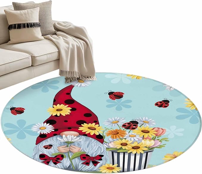 Washable Round Area Rug Summer Ladybug Gnome Daisy Flower Circle Rugs Floor Carpet for Living Room Bedroom, Watercolor Bloom Floral on Blue Soft Non Slip Round Rug 4ft