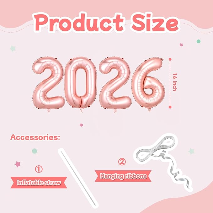 Rose Gold 2026 Balloons, 16 Inch Foil 2026 Number Balloons, Grad Balloons for Class of 2026 Graduation Party, Rose Gold Matellic Foil New Year Birthday Home Office Party Supplies
