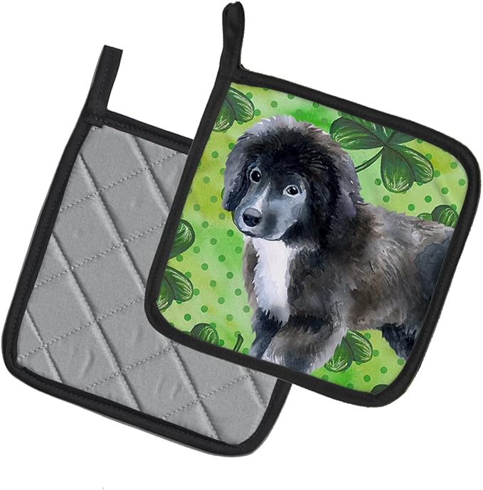 Caroline's Treasures BB9873PTHD Newfoundland Puppy St Patrick's Pair of Pot Holders, Green Kitchen Heat Resistant Pot Holders Sets Oven Hot Pads for Cooking Baking BBQ, 7 1/2 x 7 1/2