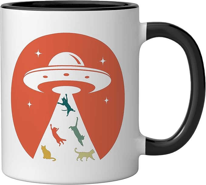 Cat UFO Funny Cat humor Kitten Owner UFO lover flying saucer Ceramic Mug, Black/White