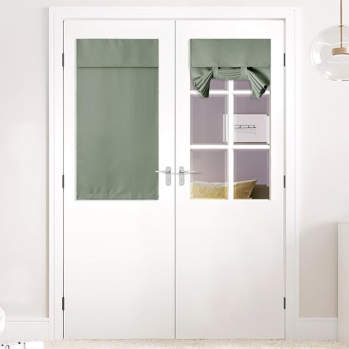 NICETOWN Door Chriastmas Window Curtains, Blackout French Curtains Privacy Front Door Shade for Glass, Thermal Insulated Tie Up Shades Window Covering, Greyish Green, 1 Panel, W26 x72L Inch