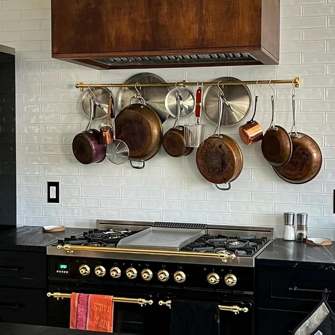 Solid Unlacquered Brass Pot Rail with S Hooks – Wall Mount Kitchen Pot Rack Rod – Vintage Heavy Duty Cookware Organizer for Pots, Pans & Hanging Utensils (68 inch (18 S-Hooks))