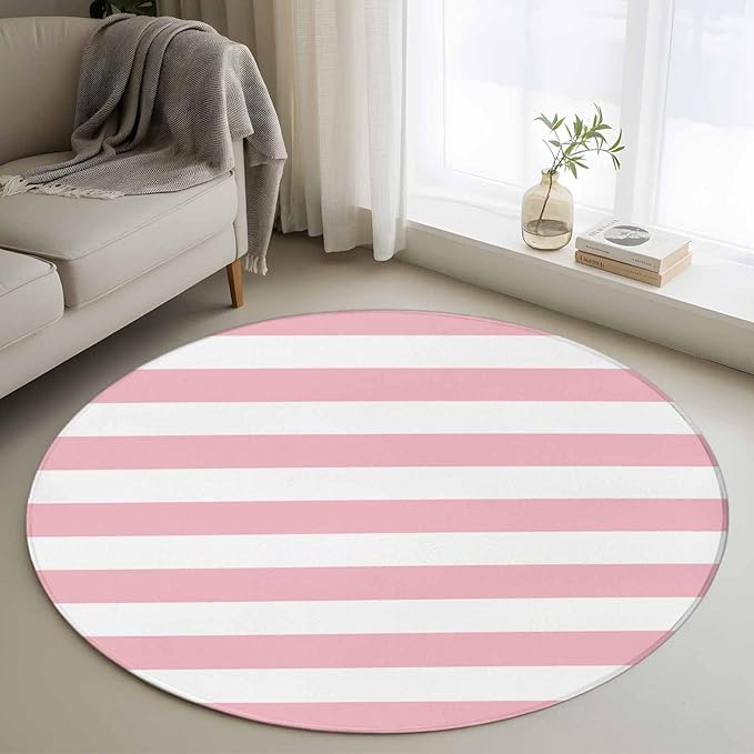 Washable Round Area Rug Pink White Stripe Circle Rugs Floor Carpet for Living Room Bedroom, Classic Geometric Line Soft Non Slip Round Rug 3ft