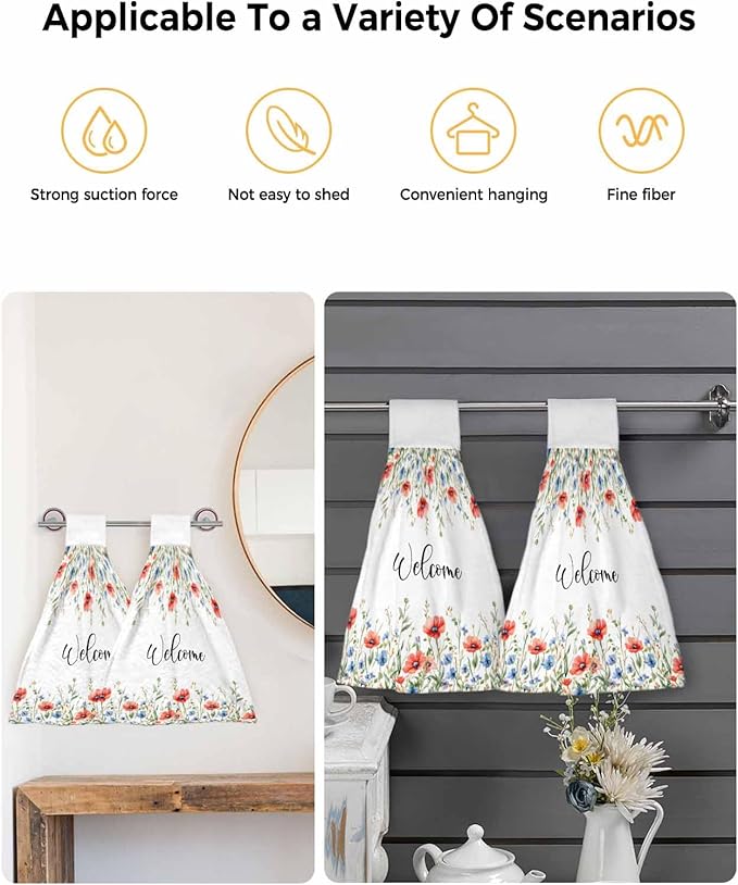 Alandar Home Kitchen Tie Towel Set of 2, Pastoral Orange Blue Flower Leaves Absorbent Soft Hand Towels for Bathroom Hanging Towels, Spring Floral Plant Fast Drying Cleaning Cloth with Loop