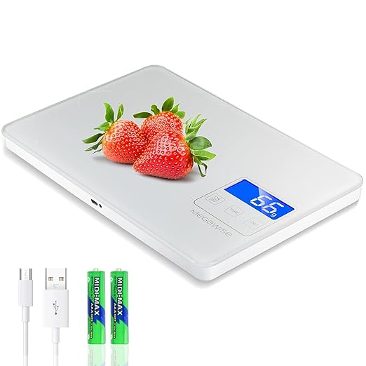 MegaWise Precision Food Scale, 33lb Waterproof Rechargeable Digital Kitchen Scale, 1g/0.04oz Precise Graduation, Weight Grams and Ounces for Cooking Baking, 5 Units Conversion, Tare Function