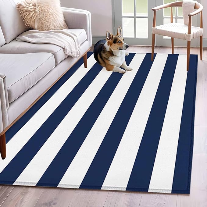 Area Rug 4x6ft, Nautical Black and White Stripes Washable Rugs for Living Room Bedroom, Striped Soft Non-Slip Area Rugs Rectangle Floor Carpet for Dining Room