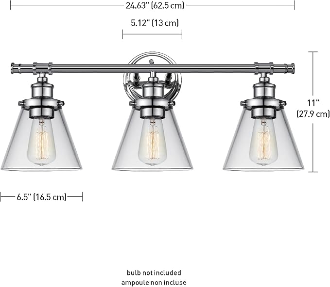 Globe Electric 51234 5-Piece All-in-One Bathroom Set, Chrome, 23" 3-Light Vanity Wall Light with Clear Glass Shades, Towel Bar and Ring, Robe Hook, Toilet Paper Holder, Beauty Room Accessories