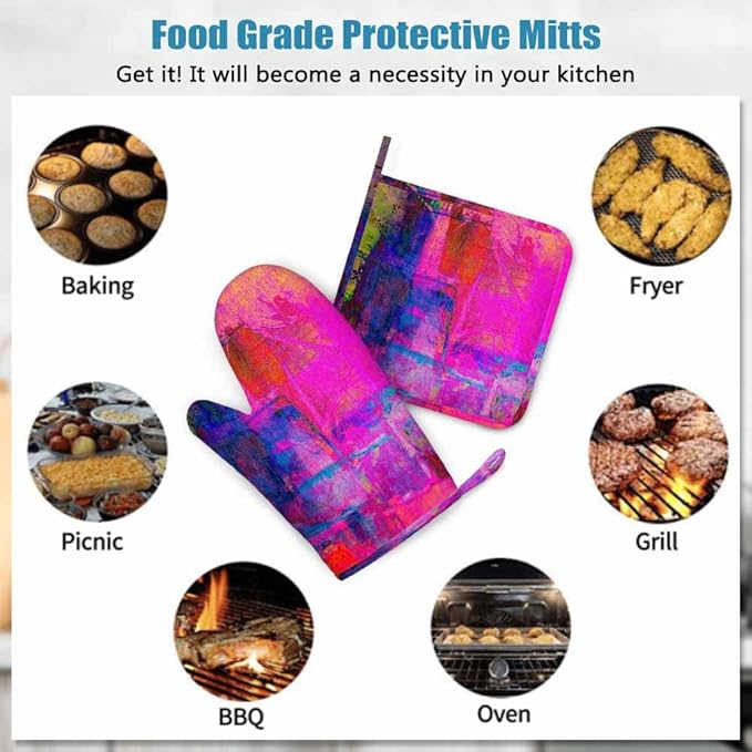 Mxocom Art Abstract Silicone Oven Mitts and Pot Holders Sets Bright Fuchsia Magenta Pink Red Yellow Green and Blue BBQ Gloves for Kitchen,Cooking,Baking,Grilling