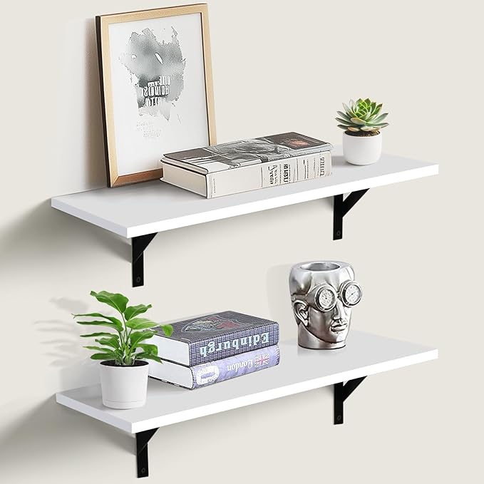 Tectocker-DOU Heavy Duty Long Wall Shelves Set of 2, Floating Shelves Wall Mounted with Industrial Brackets, 40lbs Capacity Shelves for Laundry Room, Kitchen, Bathroom, Living Room (24"*8",White)