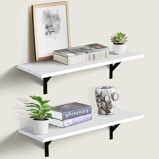 Tectocker-DOU Heavy Duty Long Wall Shelves Set of 2, Floating Shelves Wall Mounted with Industrial Brackets, 40lbs Capacity Shelves for Laundry Room, Kitchen, Bathroom, Living Room (24"*8",White)