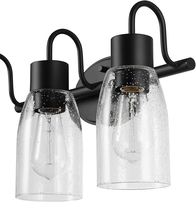 Globe Electric 63000205 5-Piece All-in-One Bathroom Accessory Set with 19" 3-Light Vanity Light, Matte Black, Seeded Glass Shades, Towel Bar, Robe Hook, Toilet Paper Holder, Towel Ring, Powder Room