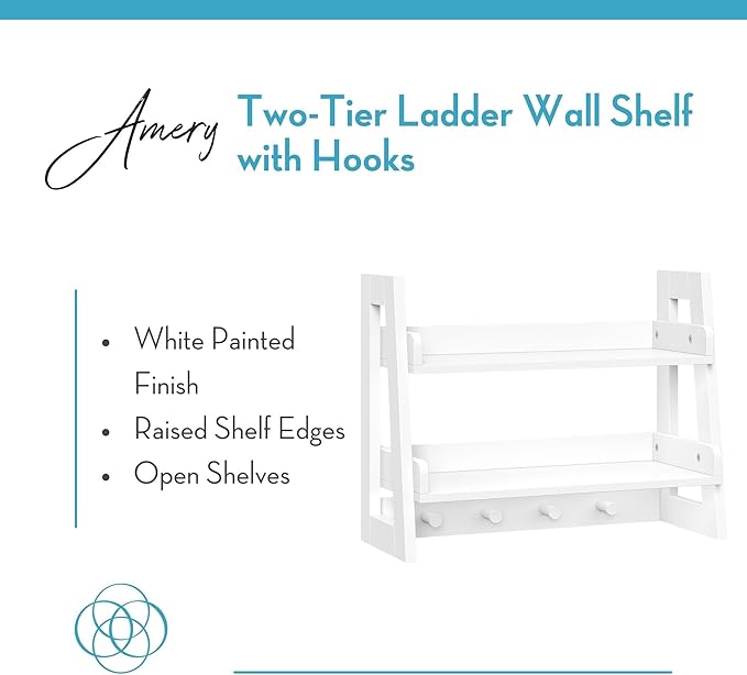 RiverRidge 2-Tier Ladder Shelf with Hooks - Versatile Storage Solution for Bathroom, Entryway, Nursery - White Painted Finish, Open Shelves & 4 Hanging Hooks – Easy Assembly Ladder Shelves